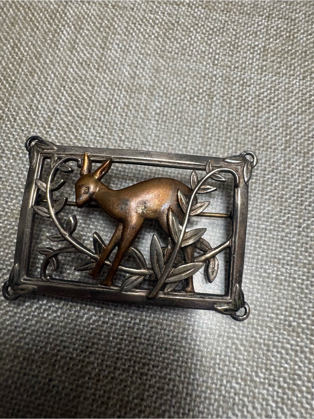 Antique-Style Deer Brass Accent Brooch in Bronze and Silver Tones